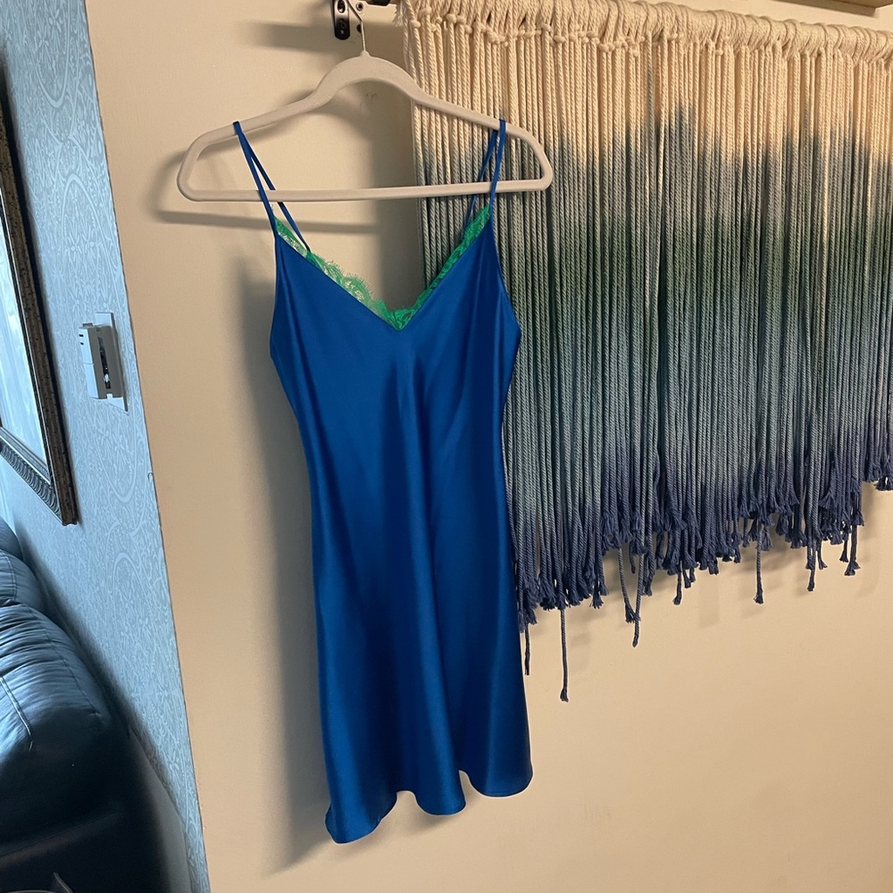 (NWT) Zara Blue Silk Dress w/ Green Lace Detail